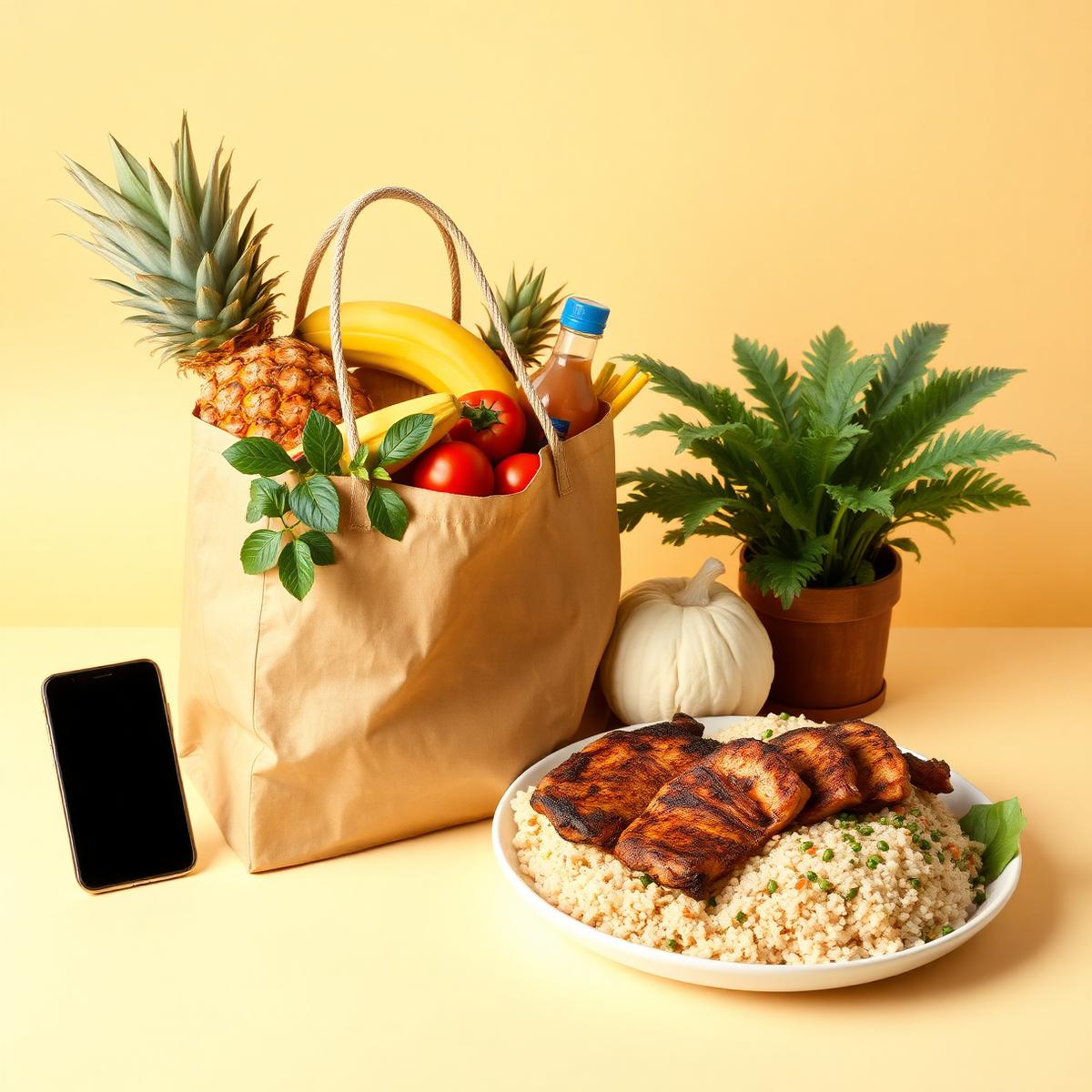 Sac de courses rempli de produits locaux et plat créole livrés par ListGuadeloupe